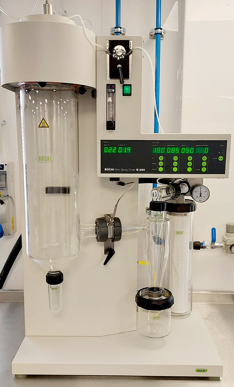 Laboratory scale spray dryer used for drying liquid samples into powder form.
