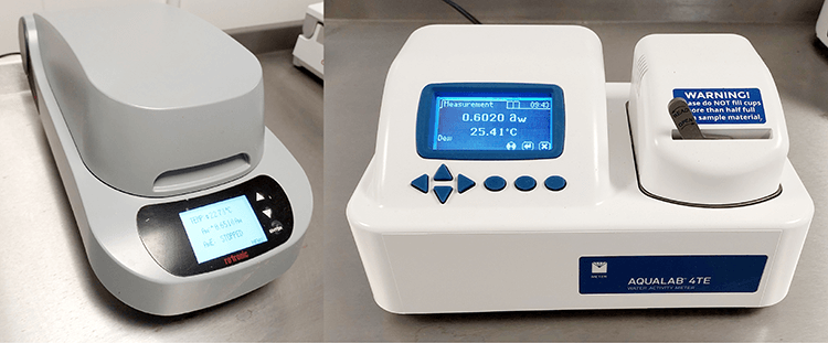 Two different water activity meters side by side: the Rotronic HFH II and the Aqualab 4TE